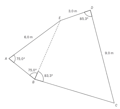 Figuren viser en femkant ABCDE der vinkel A er 75,0 grader, vinkel ABE er 75,0 grader, vinkel EBC er 83,3 grader og vinkel D er 85,3 grader. AE er 6,0 m, CD er 9,0 m og DE er 3,0 m.